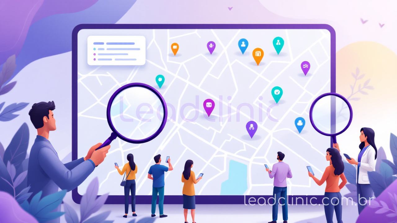 Como Aumentar os Agendamentos Particulares na Sua Clínica 2 Pessoas usando lupa para examinar mapa digital com marcas coloridas de serviços de saúde para aumentar os agendamentos particulares